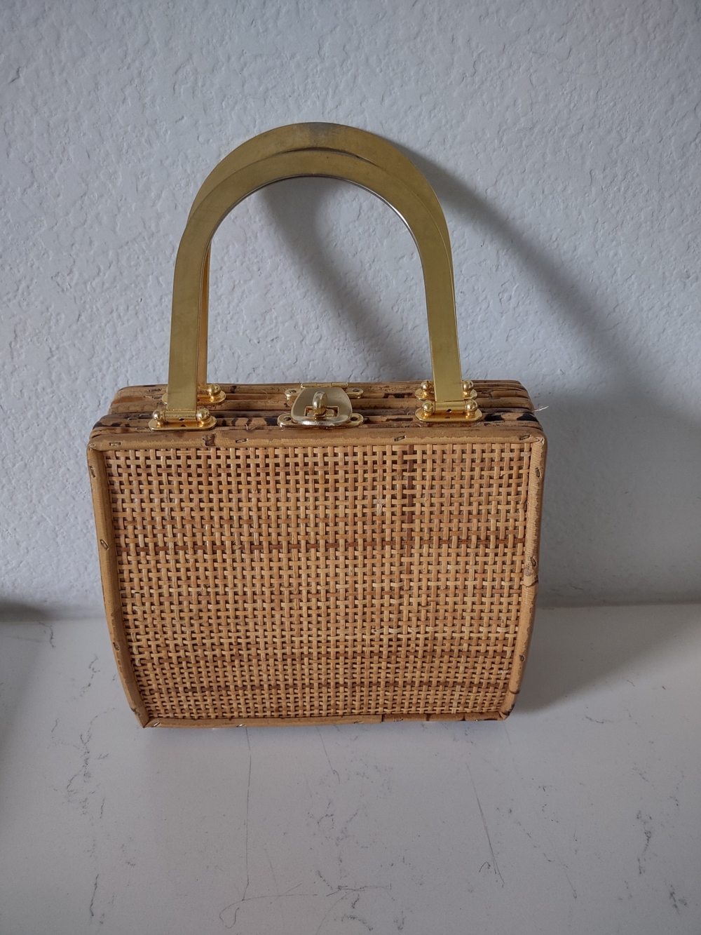 Woven Rattan Box Handbag with Gold Handle